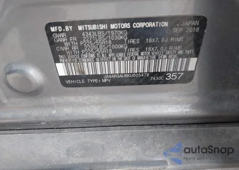 2019 Mitsubishi Outlander Sport 2.0 Se z USA, uszkodzony, nr VIN JA4AR3AU6KU005478